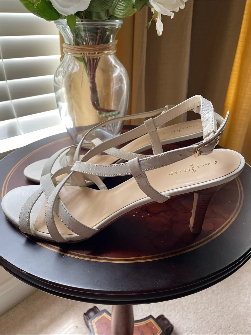 Cole Haan Silver Leather Strappy Mid-Heel Sandals